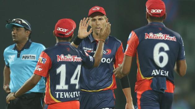 Trent Boult of the Delhi Daredevils celebrates with teammates after taking the wicket of Andrew Tye of Kings XI Punjab on Monday.  (BCCI) 