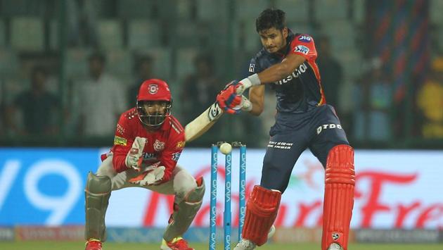Shreyas Iyer, who almost took Delhi Daredevils to the bring of victory, hits a boundary during the 2018 Indian Premier League (IPL 2018) match against Kings XI Punjab on Monday.  (BCCI) 