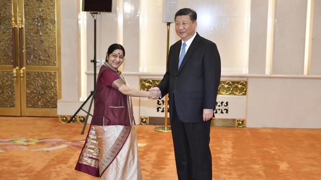 External affairs minister Sushma Swaraj (left) with Chinese President Xi Jinping before a meeting at the Great Hall of the People in Beijing on Monday. (AP Photo) External affairs minister Sushma Swaraj (left) with Chinese President Xi Jinping before a meeting at the Great Hall of the People in Beijing on Monday. (AP Photo)