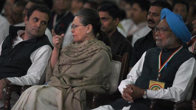 Congress president Rahul Gandhi with Sonia Gandhi and Manmohan Singh during the Indian National Congress 84th Plenary Session in New Delhi on March 18. (Sonu Mehta/HT File Photo) Congress president Rahul Gandhi with Sonia Gandhi and Manmohan Singh during the Indian National Congress 84th Plenary Session in New Delhi on March 18. (Sonu Mehta/HT File Photo)