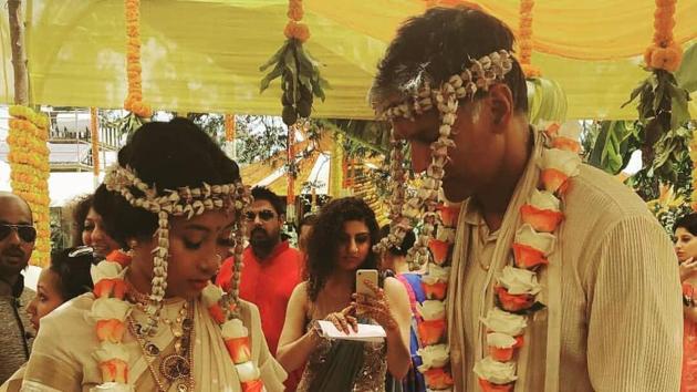 Milind Soman and Ankita Konwar tied the knot on Sunday in Alibaug, Maharashtra.(Instagram)