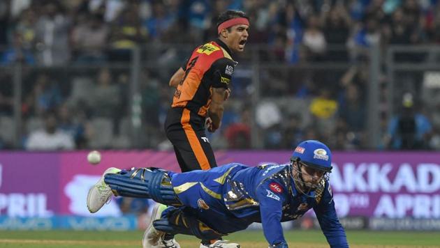 Sunrisers Hyderabad's Siddarth Kaul celebrates after talking the wicket of Mumbai Indians’ Mitchell McClenaghan during the 2018 Indian Premier League (IPL 2018) match at the Wankhede Stadium in Mumbai on Tuesday. (AFP) Sunrisers Hyderabad's Siddarth Kaul celebrates after talking the wicket of Mumbai Indians’ Mitchell McClenaghan during the 2018 Indian Premier League (IPL 2018) match at the Wankhede Stadium in Mumbai on Tuesday. (AFP)