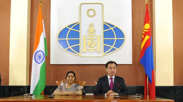 External affairs minister Sushma Swaraj on Wednesday discussed terrorism with her Mongolian counterpart Damdin Tsogtbaatar and the two agreed to collaborate to confront those who design and support terror outfits during a meeting in Ulaanbaatar. Swaraj said both nations have identified new areas of cooperation that include IT, infrastructure, energy and services and announced scholarships for Mongolian students visiting India. (PIB / AFP) 