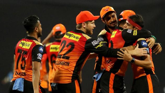 Sunrisers Hyderabad (SRH) players celebrate the wicket of Mumbai Indians’ Hardik Pandya during their 2018 Indian Premier League (IPL 2018) match at Wankhede Stadium in Mumbai on Tuesday. SRH produced a stunning bowling performance, defending a small total of 118 to beat holders MI by 31 runs. (bcci)