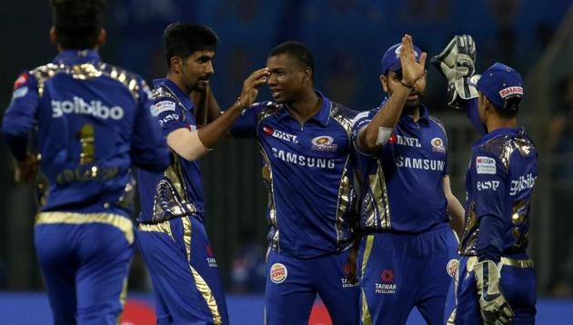Jasprit Bumrah of Mumbai Indians celebrates taking the wicket of Rashid Khan of Sunrisers Hyderabad. (bcci) 