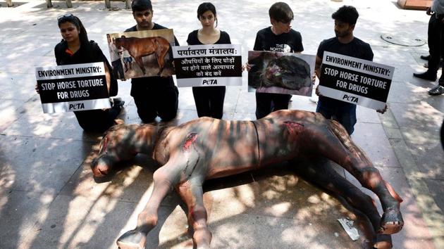 Members of the People for the Ethical Treatment of Animals (PETA) animal rights organization hold placards next to a replica of an ‘injured’ horse during a protest on the occasion of ‘World Week for Animals’ at Palika Bazar, in New Delhi. PETA called on Indian authorities to end the use of horses for the production of antitoxins for the biomedical industry. (Vipin Kumar / HT Photo) 