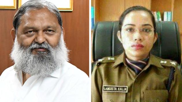 Haryana health minister Anil Vij and IPS officer Sangeeta Kalia Haryana health minister Anil Vij and IPS officer Sangeeta Kalia
