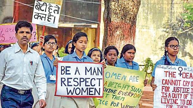 Students hold placards during a protest march against recent cases of rape in the country, in Ranchi, Jharkhand.(PTI Photo)