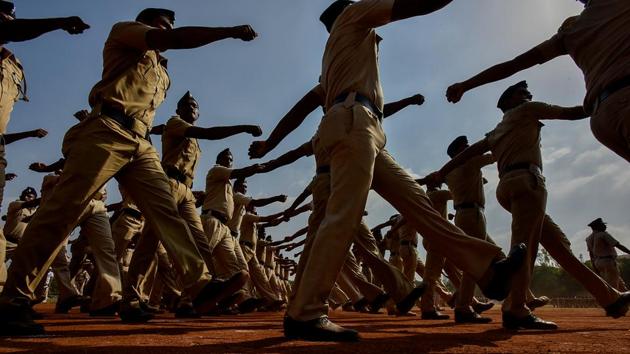 Maharashtra celebrates its formation day on May 1 every year. Personnel from the BMC force put their best foot forward. (Kunal Patil/HT Photo) 