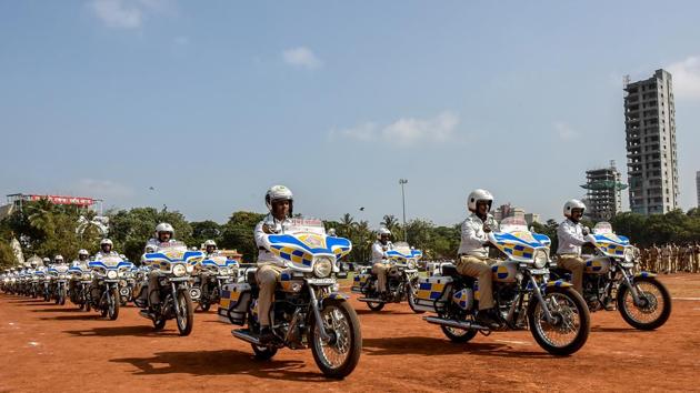 Officers from the Mumbai traffic police rehearse bike stunts for the parade.  (Kunal Patil/HT Photo) 