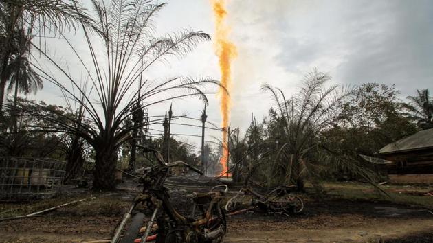 Damaged caused by fire from a burning illegal oil well is seen in Ranto Peureulak, Aceh Province, Indonesia April 25, 2018 in this photo taken by Antara Foto.(REUTERS)