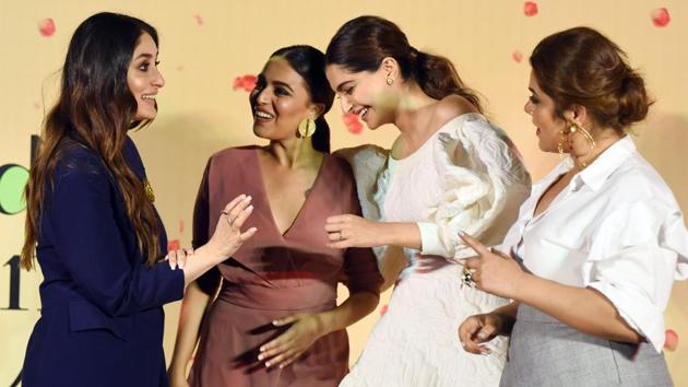 Bollywood actors (L-R) Kareena Kapoor Khan, Swara Bhaskar, Sonam Kapoor, Shikha Talsania take part in a promotional event for the forthcoming Hindi film 'Veere Di Wedding' directed by Shashanka Ghosh in Mumbai, Maharashtra on April 25, 2018. (Sujit Jaiswal / AFP) Bollywood actors (L-R) Kareena Kapoor Khan, Swara Bhaskar, Sonam Kapoor, Shikha Talsania take part in a promotional event for the forthcoming Hindi film 'Veere Di Wedding' directed by Shashanka Ghosh in Mumbai, Maharashtra on April 25, 2018. (Sujit Jaiswal / AFP)
