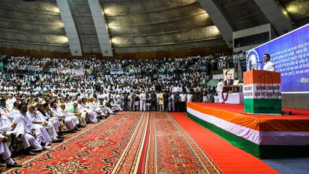 President of the Indian National Congress Party Rahul Gandhi speaks during the launch of the nationwide 'Save the Constitution campaign' in New Delhi on April 23, 2018. (Chandan Khanna / AFP) President of the Indian National Congress Party Rahul Gandhi speaks during the launch of the nationwide 'Save the Constitution campaign' in New Delhi on April 23, 2018. (Chandan Khanna / AFP)