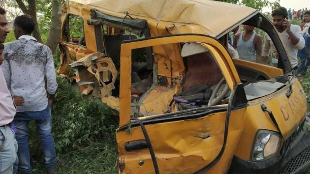 At least 13 school children were killed and several others injured when a train hit a van carrying 20 children at an unmanned level crossing near Dudhi railway station in Uttar Pradesh’s Kushinagar district around 7 am. President Ram Nath Kovind and Prime Minister Narendra Modi condoled the loss of lives in the accident. (PTI)
