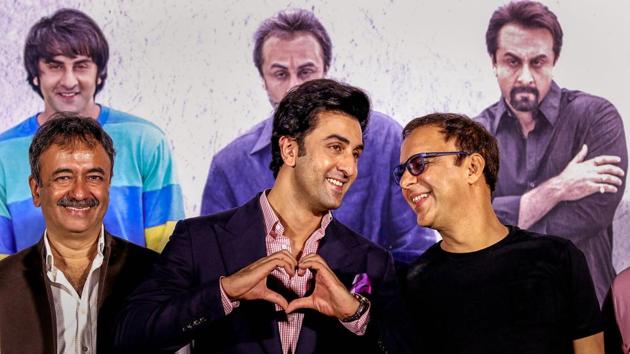 Ranbir Kapoor, Rajkumar Hirani and Vidhu Vinod Chopra at the teaser launch of Sanju. (PTI) Ranbir Kapoor, Rajkumar Hirani and Vidhu Vinod Chopra at the teaser launch of Sanju. (PTI)