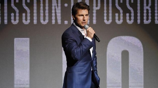 Tom Cruise, star of the upcoming film Mission: Impossible - Fallout, addresses the audience during the Paramount Pictures presentation at CinemaCon 2018.(Chris Pizzello/Invision/AP)