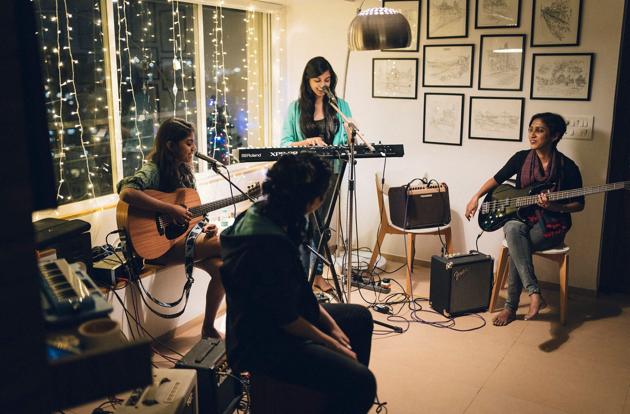 Musician Aditi Ramesh with Ladies Compartment, featuring singer Ramya Pothuri, drummer Aarifah Rebello, violinist Kristen Marea and bassist Nandita V. An EP is in the works.(Ronit Sarkar)