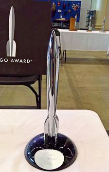 The Hugo Awards trophy changes slightly each year. This was the design for 2017, by Eeva Jokinen.(Photo by Kevin Standlee)