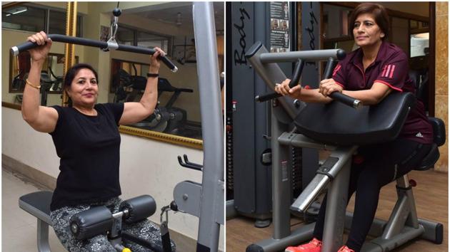 Jaspal Kaur Bhatia (58) feels regular exercising helps her relax and handle stress better; and (right) Renu Bains feels gymming ensures a disciplined lifestyle.(Sikander Singh Chopra/HT)