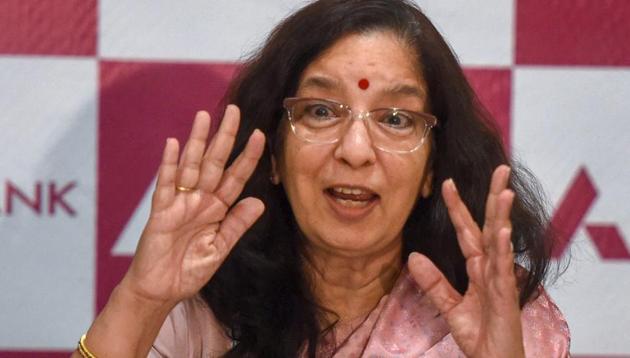 Axis Bank's outgoing MD and CEO Shikha Sharma addresses a press conference after the company reported a net loss of <span class='webrupee'>?</span>2,188.74 crore for the quarter ended March 2018 due to higher provisioning for bad loans, in Mumbai on Thursday.(PTI Photo)