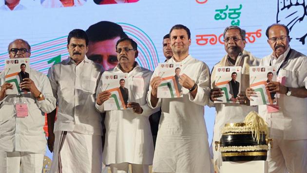 Congress president Rahul Gandhi on Friday released the party’s election manifesto for the Karnataka Assembly polls that promises creation of one crore jobs over five years. Gandhi described the manifesto as the “voice of the people of Karnataka” and not a document prepared by “three or four people in a closed room”. (PTI)