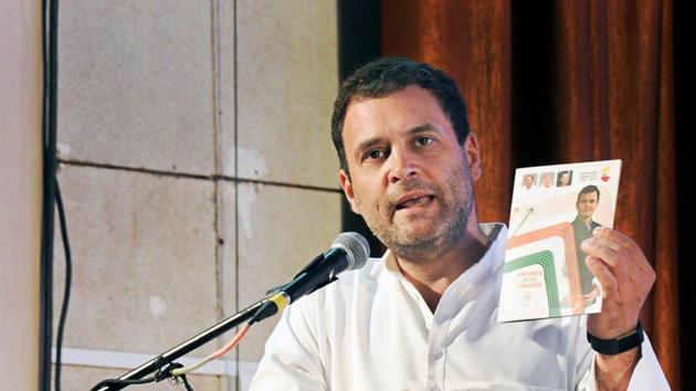Congress president Rahul Gandhi addresses a gathering after releasing the Congress manifesto for the Karnataka assembly election, in Mangaluru on Friday.(PTI) Congress president Rahul Gandhi addresses a gathering after releasing the Congress manifesto for the Karnataka assembly election, in Mangaluru on Friday.(PTI)