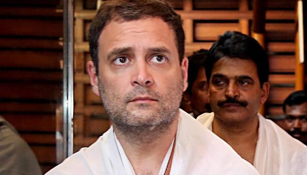Congress president Rahul Gandhi offers prayers at Manjunatheshwara temple during his visit to Karnataka ahead of assembly elections in the state.(PTI)
