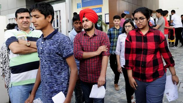 Students coming out after the JEE (Main) at Phase 8 SAS Nagar in Mohali on April 15, 2018. (Keshav Singh/HT file)