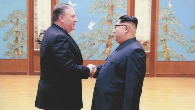 In this photo released by the US Government on April 26, 2018, North Korean leader Kim Jong-Un (R) shakes hands with the former CIA Director, now US Secretary of State, Mike Pompeo in Pyongyang over the 2018 Easter weekend.(AFP) In this photo released by the US Government on April 26, 2018, North Korean leader Kim Jong-Un (R) shakes hands with the former CIA Director, now US Secretary of State, Mike Pompeo in Pyongyang over the 2018 Easter weekend.(AFP)