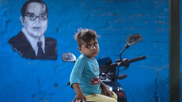 Part of the activity also sought to familiarise residents with the leaders who have shaped India with portraits such as this of B. R. Ambedkar also among pieces rendered on the walls. (Burhaan Kinu / HT Photo) Part of the activity also sought to familiarise residents with the leaders who have shaped India with portraits such as this of B. R. Ambedkar also among pieces rendered on the walls. (Burhaan Kinu / HT Photo)