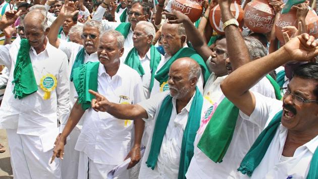 Members of Tamil Nadu Farmers’ Association hold a protest demanding formation of Cauvery Water Management Board by the Centre, in Chennai.(PTI/File Photo)