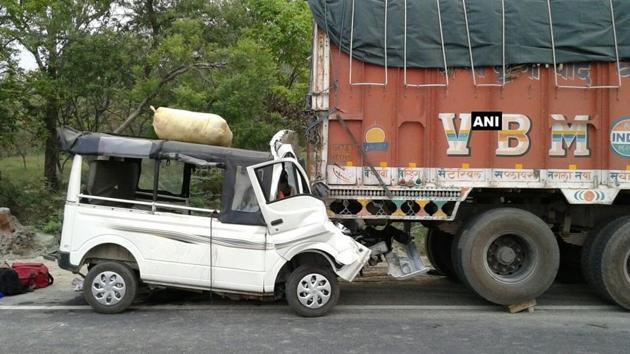 The accident on national highway-24 apparently took place as the driver had dozed off at the wheel, said Police. (ANI Photo) The accident on national highway-24 apparently took place as the driver had dozed off at the wheel, said Police. (ANI Photo)