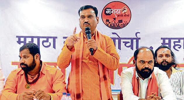 Leaders of the Maratha Kranti Morcha, Abasaheb Patil, Manikrao Shinde, and Ramesh Kare Patil at the YB Chavan auditorium on Saturday.(HT Photo)