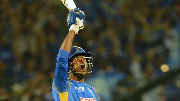 Rajasthan Royals batsman K Gowtham celebrates after hitting the winning runs during the 2018 Indian Premier League (IPL 2018) match against Mumbai Indians in Jaipur on April 22. (AFP) Rajasthan Royals batsman K Gowtham celebrates after hitting the winning runs during the 2018 Indian Premier League (IPL 2018) match against Mumbai Indians in Jaipur on April 22. (AFP)