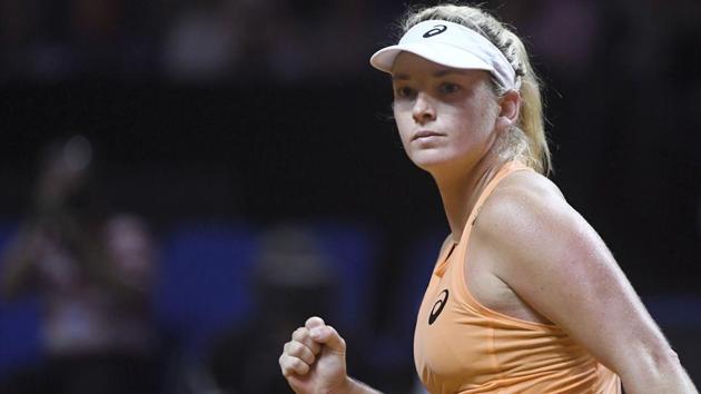 Coco Vandeweghe from the US celebrates a point during her match against Romania's Simona Halep at the WTA tennis tournament in Stuttgart on Friday.(AP)