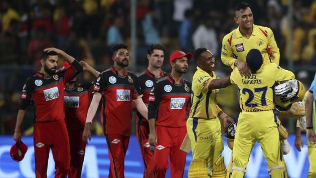 Chennai Super Kings’ Harbhajan Singh (R) lifts captain Mahendra Singh Dhoni to celebrate their win in the VIVO IPL Twenty20 cricket match against Royal Challengers Bangalore in Bangalore, Karnataka on April 25, 2018. (Aijaz Rahi / AP) Chennai Super Kings’ Harbhajan Singh (R) lifts captain Mahendra Singh Dhoni to celebrate their win in the VIVO IPL Twenty20 cricket match against Royal Challengers Bangalore in Bangalore, Karnataka on April 25, 2018. (Aijaz Rahi / AP)