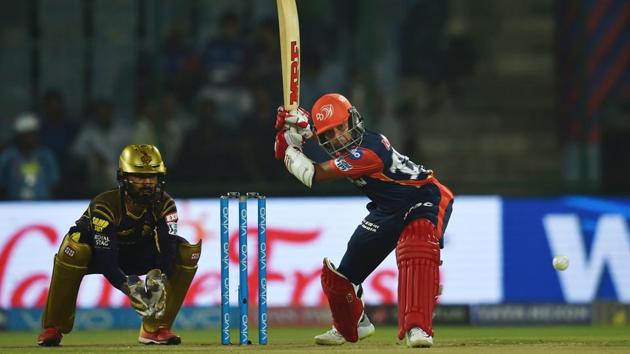 Delhi Daredevils player Prithvi Shaw plays a shot against Kolkata Knight Riders during the IPL 2018 match at Feroz Shah Kotla in New Delhi, on Friday.(PTI)