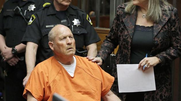 James Joseph DeAngelo, 72, who authorities suspect is the so-called Golden State Killer responsible for at least a dozen murders and 50 rapes in the 1970s and 80s, makes his first appearance on Friday at a court in Sacramento, California. (AP) James Joseph DeAngelo, 72, who authorities suspect is the so-called Golden State Killer responsible for at least a dozen murders and 50 rapes in the 1970s and 80s, makes his first appearance on Friday at a court in Sacramento, California. (AP)