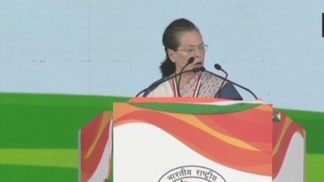 Former Congress president Sonia Gandhi charged the government with muzzling dissenting voices, weakening institutions and dividing communities eyeing poll gains. (ANI Photo/Twitter) Former Congress president Sonia Gandhi charged the government with muzzling dissenting voices, weakening institutions and dividing communities eyeing poll gains. (ANI Photo/Twitter)
