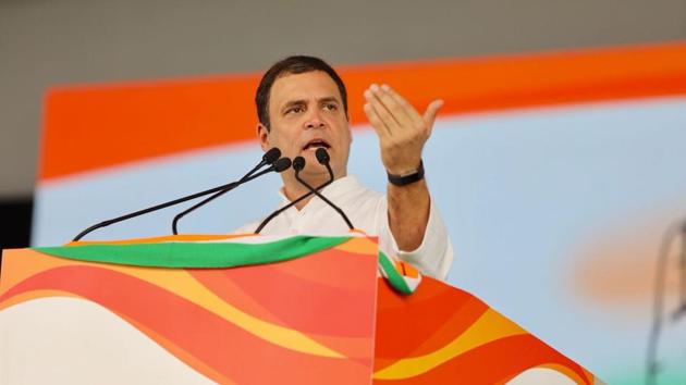 Congress President Rahul Gandhi addresses the ‘Jan Aakrosh’ rally in New Delhi on Sunday.(Photo courtesy: Twitter/@INCIndia)