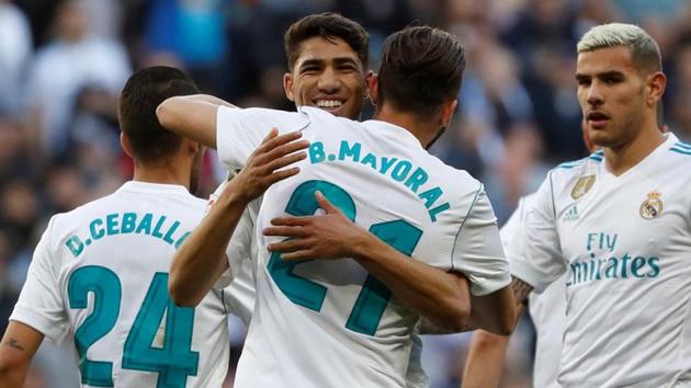 Real Madrid's Borja Mayoral celebrates scoring their second goal in a La Liga contest against Leganes at the Santiago Bernabeu in Madrid on Saturday.(Reuters)