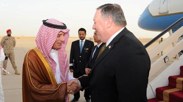 U.S. Secretary of State Mike Pompeo shakes hands with Saudi Foreign Minister Adel Al-Jubeir upon his arrival in Riyadh, Saudi Arabia April 28, 2018. (Reuters) U.S. Secretary of State Mike Pompeo shakes hands with Saudi Foreign Minister Adel Al-Jubeir upon his arrival in Riyadh, Saudi Arabia April 28, 2018. (Reuters)