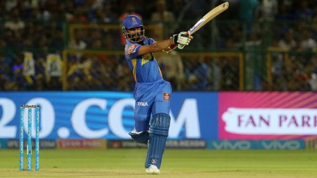 Ajinkya Rahane in action during match twenty eight of the 2018 Indian Premier League 2018 (IPL 2018) between Rajasthan Royals and Sunrisers Hyderabad at the Sawai Mansingh Stadium in Jaipur. Get full cricket score of Rajasthan Royals (RR) vs Sunrisers Hyderabad (SRH), IPL 2018 game, here(BCCI)