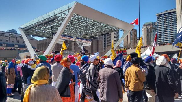 Khalistan flags and separatist placards were prominently visible at the nagar kirtan in Toronto on Sunday. Khalistan flags and separatist placards were prominently visible at the nagar kirtan in Toronto on Sunday.
