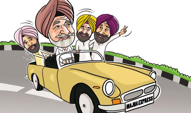 Majha leaders Tript Rajinder Singh Bajwa, Sukhjinder Singh Randhawa, Sukhbinder Singh Sarkaria and Harpartap Singh Ajnala used to travel together in a car, building support for Amarinder, and were called the ‘Majha Express’. (Illustration by Daljeet Kaur Sandhu) Majha leaders Tript Rajinder Singh Bajwa, Sukhjinder Singh Randhawa, Sukhbinder Singh Sarkaria and Harpartap Singh Ajnala used to travel together in a car, building support for Amarinder, and were called the ‘Majha Express’. (Illustration by Daljeet Kaur Sandhu)