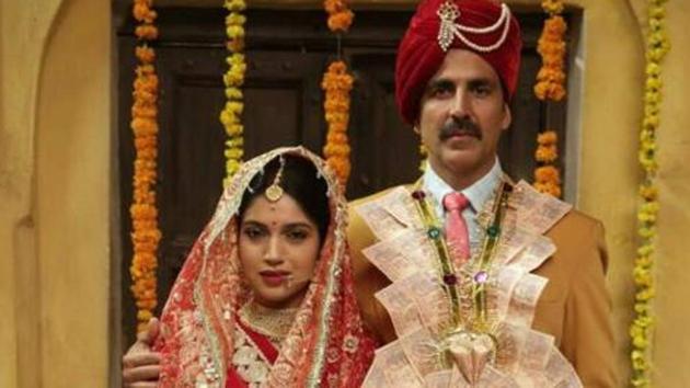 Akshay Kumar and Bhumi Pednekar in a poster of Toilet Ek Prem Katha.