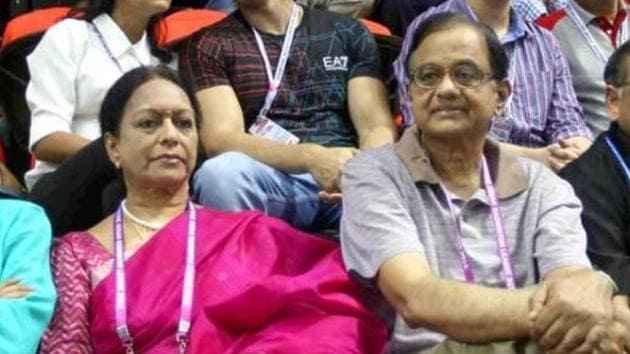 Union finance minister P Chidambaram with his wife Nalini Chidambaram in New Delhi.(PTI File Photo)