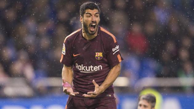FC Barcelona's Luis Suarez reacts during the La Liga match against Deportivo La Coruna on Sunday. (AP) FC Barcelona's Luis Suarez reacts during the La Liga match against Deportivo La Coruna on Sunday. (AP)