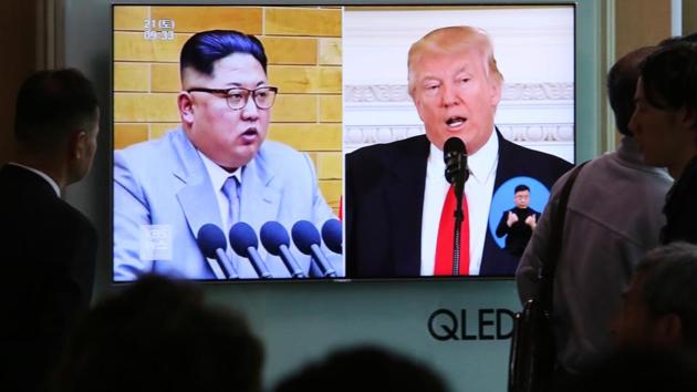 In this April 21, 2018 file photo, People watch a TV screen showing file footage of US President Donald Trump, right, and North Korean leader Kim Jong Un during a news program at the Seoul Railway Station in Seoul, South Korea. (AP Photo) In this April 21, 2018 file photo, People watch a TV screen showing file footage of US President Donald Trump, right, and North Korean leader Kim Jong Un during a news program at the Seoul Railway Station in Seoul, South Korea. (AP Photo)