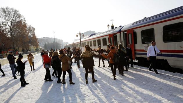 Another social media must is alighting from the train at minor stops to dance on the platform. Burcu Yilmaz, a 37-year-old medical technician, decided to take the trip seeing pictures shared on social media. Finding tickets was hard but she managed to get on with three of her friends. “A most nostalgic experience” she says. “You can’t do any of this when travelling any other way.” (Umit Bektas / REUTERS) Another social media must is alighting from the train at minor stops to dance on the platform. Burcu Yilmaz, a 37-year-old medical technician, decided to take the trip seeing pictures shared on social media. Finding tickets was hard but she managed to get on with three of her friends. “A most nostalgic experience” she says. “You can’t do any of this when travelling any other way.” (Umit Bektas / REUTERS)